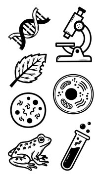 Educational biology symbols collection including genetic helix, lab microscope, plant leaf, microbial cultures, amphibian specimen, chemical reaction test tube.