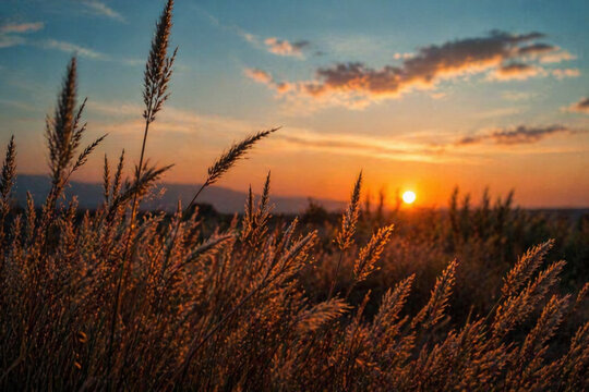 AI generated golden grass field at sunset warm sunlight soft sky natural landscape calm mood outdoor scenery peaceful evening horizon gentle breeze nature beauty