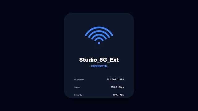 Modern Dark Mode UI Card Displaying Strong 5G Network Connection and High Speed Data
