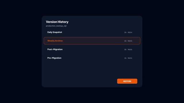 Database backup version history interface showing restoration process of weekly archive file