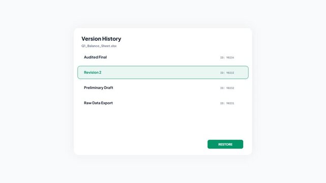 Financial document version control interface with restoration animation for spreadsheet data and audited final files