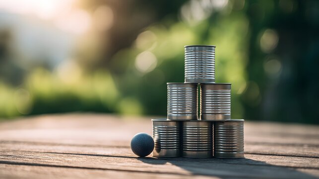 Stack of aluminum cans arranged in pyramid with small ball on wooden table outdoor.