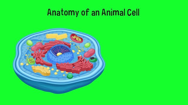 Detailed animation of animal cell anatomy showing nucleus, mitochondria, endoplasmic reticulum, and ribosomes.