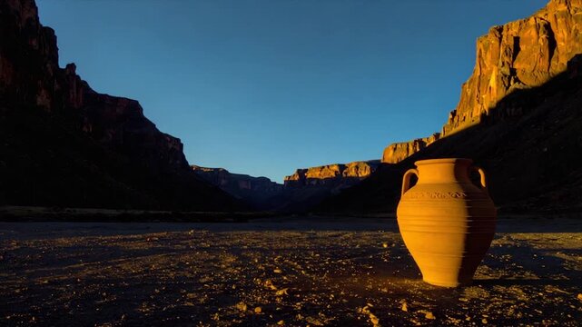 An ochre vase in a desert canyon, lit by the setting sun, against a clear blue sky