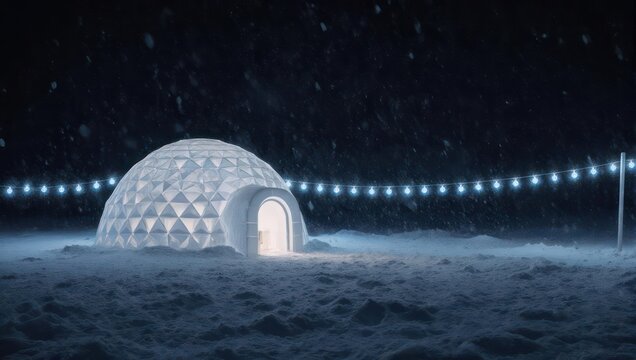 Snow-covered igloo glows, strung with lights, in a winter night scene during a blizzard