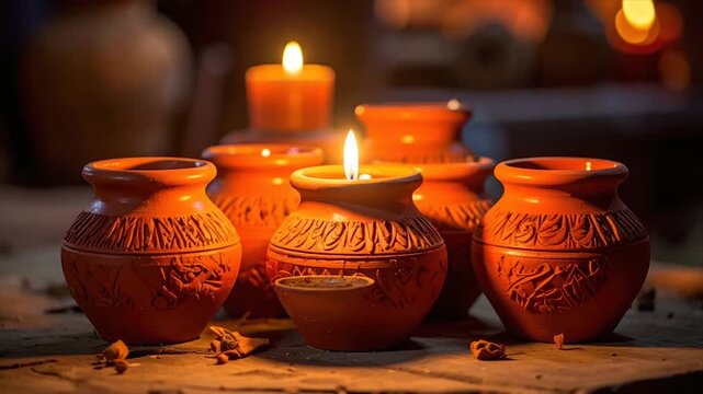 Warmly lit terracotta pots with burning candles, adorned with carved designs, on a dark wooden surface