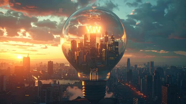 A city landscape in a lightbulb at sunset