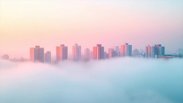 City skyline peeks above thick fog at sunrise, bathed in soft pink, and orange hues