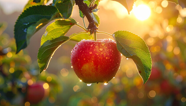 Apple hanging from branch with sparkling dew reflections