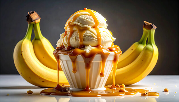 Banana ice cream melting with caramel swirl dripping