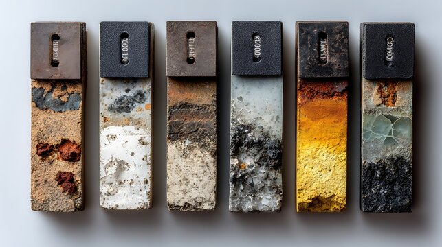 Six weathered metal test samples with corrosion and rust on a white background weathering