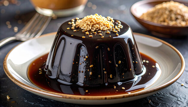 Black sesame pudding with glossy sesame sauce and sesame seeds 