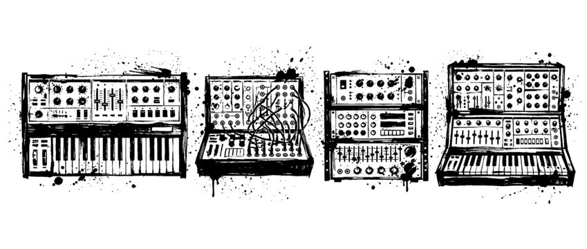 synthesizer , Grunge brush distressed paint splatter vector set 