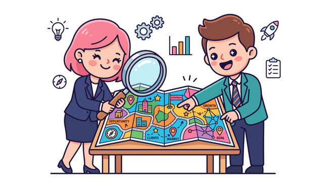Cute businessman and businesswoman analyze a market strategy map on a desk with a magnifier, vector illustration.
