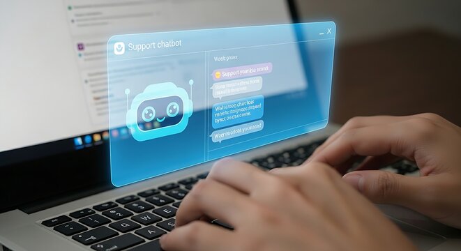 AI chatbot assistant concept. A user's hands on a laptop keyboard, interacting with a friendly robot icon in a holographic chat window, representing a support chatbot.