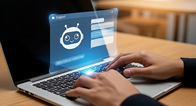 AI chatbot assistant concept. A user's hands on a laptop keyboard, interacting with a friendly robot icon in a holographic chat window, representing a support chatbot.