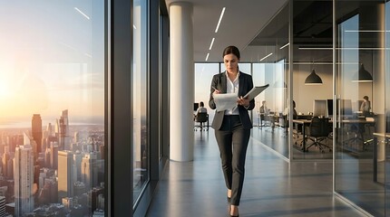 Obraz premium Confident female executive walking and working in modern office with city view