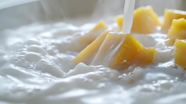Close-up of Mango Chunks Being Cooked in Boiling Water.