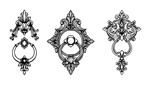 Black line art, white background: ornate brass door knocker set with simple line art design featuring sketches, drawings, vector graphics with minimalist and simple illustrations