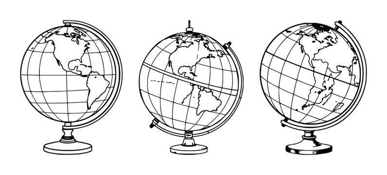 Vintage globe set with black line art illustration on white background featuring brass meridian, nautical map, antique design with geography and navigation