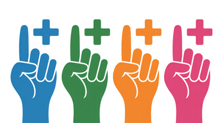 Fototapeta premium Five hands raised showing positive signs with colorful background Vector