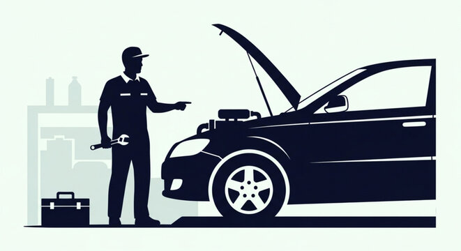 Auto Mechanic Silhouette Inspecting Car Engine in Garage with Toolbox