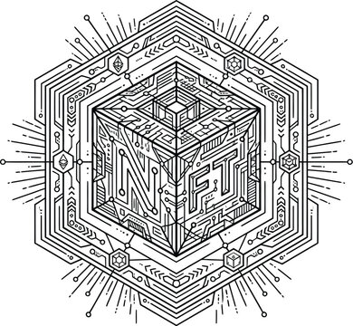 intricate geometric cube artwork featuring the letters n f t, symbolizing digital ownership and blockchain technology.