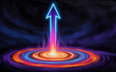 Fototapeta premium Neon arrow ascends through swirling cosmic vortex radiating vibrant