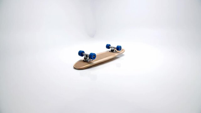 Close-up of a wooden fingerboard with blue wheels on a white background.