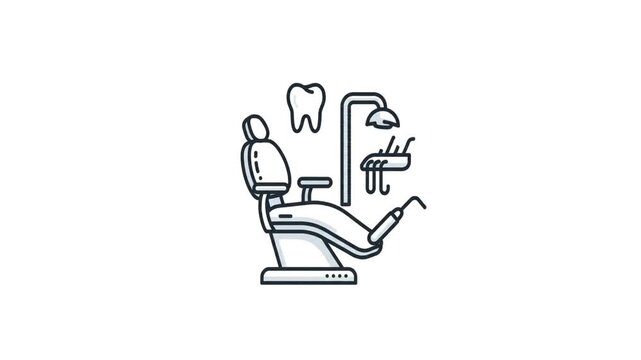 A minimalist line art illustration of a dental chair with a tooth and dentist tools, symbolizing oral healthcare and dental services.