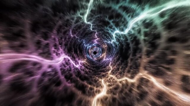Abstract energy tunnel with lightning and swirling plasma.