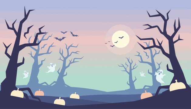 Whimsical Halloween night scene illustration featuring spooky bare trees, flying bats, and friendly ghosts under a glowing full moon and colorful gradient sky