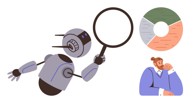 Artificial intelligence, data analysis, collaboration, problem-solving, innovation, human support. Robot holding a magnifying glass near a human thinker and pie chart. AI and data analysis