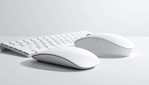 Minimalist white computer keyboard and two wireless mice on white background.