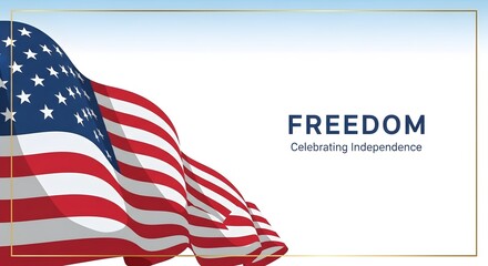 Waving US flag with the word freedom and celebrating independence