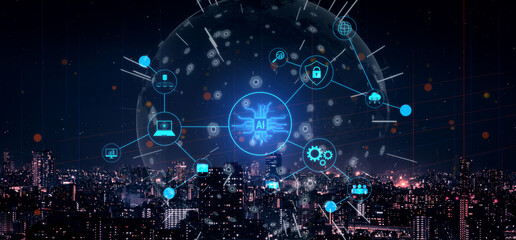 Fototapeta premium AI network system connects data, security, communication, and intelligence. AI network system enables smart interaction, AI network boosts productivity, and AI network system transforms. Vouch
