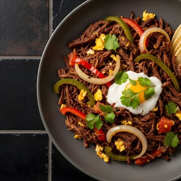 Professional Close-Up Overhead Photograph of Authentic Mexican Machaca - Shredded Dried Beef with Saut&eacute;ed Vegetables - Dark Black and Brown Matte Stone Tile Background - 8K Stock Photo