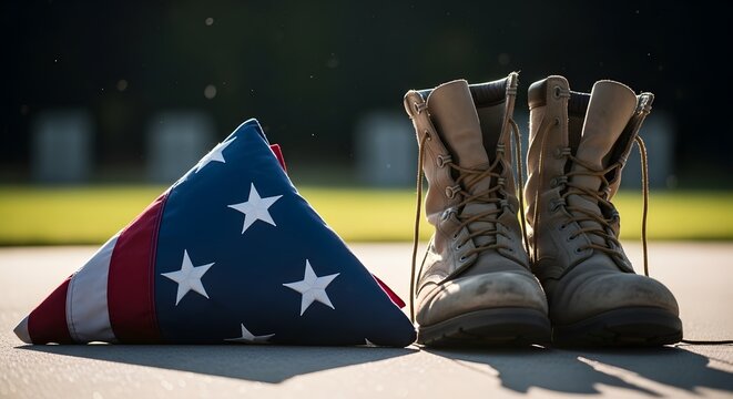 A poignant image showing a folded flag and a pair of worn boots, symbolizing sacrifice and remembrance