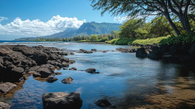 Hawaiian Coastline River Rocks Sunny Day