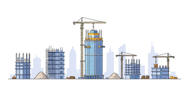 Construction Site Vector Illustration of Modern Skyscrapers and Tower Cranes Against a City Skyline