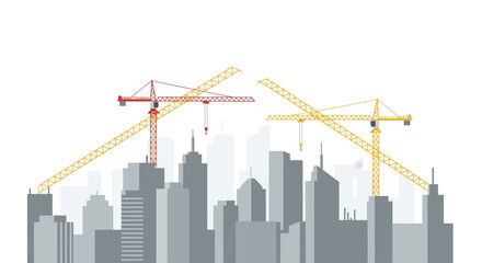 Obraz premium Modern City Skyline Under Construction with Tower Cranes Vector Illustration. Urban Development and Real Estate Concept Isolated on White Background.