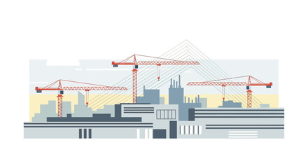 Naklejka premium Minimalist Vector Illustration of Urban Construction Site with Tower Cranes and Modern City Architecture