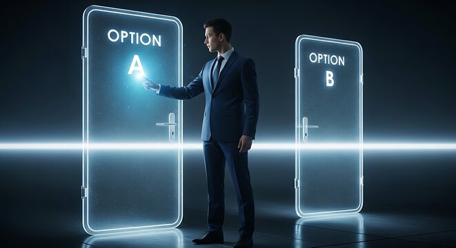 Decision making concept. A professional's hand points to one of two holographic doors, 'Option A' and 'Option B', causing the chosen door to light up.