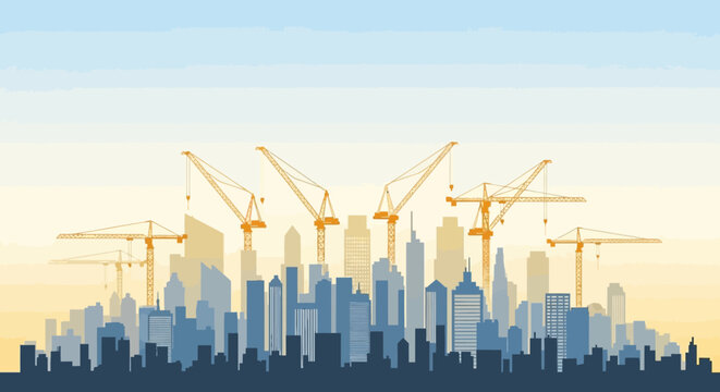 Modern City Construction Concept with High-Rise Skyline Silhouettes and Tower Cranes