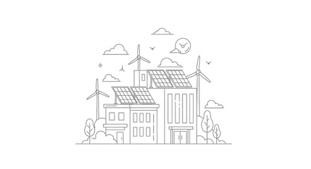 Fototapeta premium Eco-Friendly Green City Line Art Illustration Featuring Solar Panels, Wind Turbines, and Sustainable Architecture for Renewable Energy and Environmental Concepts