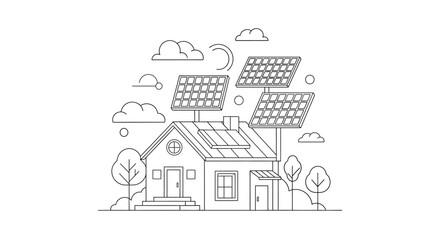 Fototapeta premium Sustainable Eco House with Solar Panels Line Art Illustration for Renewable Energy Concept