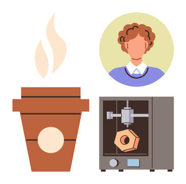 Technology, creativity, personalized design, modern industry, coffee culture, 3D printing. Coffee cup, 3D printer with geometric shape person portrait. Technology and creativity concept