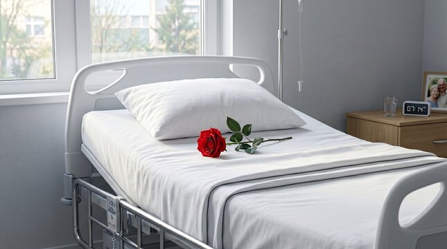 Empty hospital bed with fresh red rose symbolizing care and absence in emotional morning light