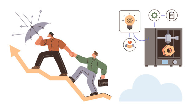 Business support, innovation, entrepreneurship, teamwork, leadership, problem solving. Two people climbing a rising graph with umbrella protection. Business support and innovation concept
