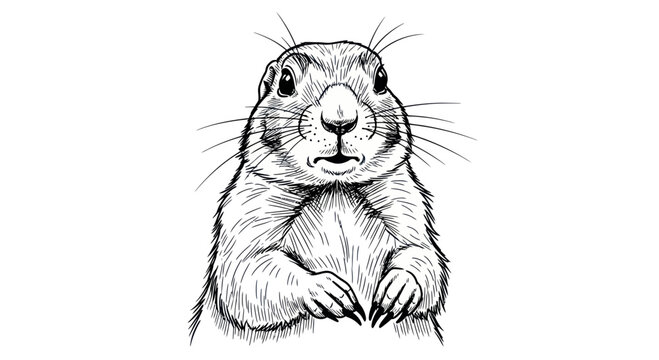 Curious Prairie Dog Portrait, Hand-Drawn Sketch, Black and White Line Art